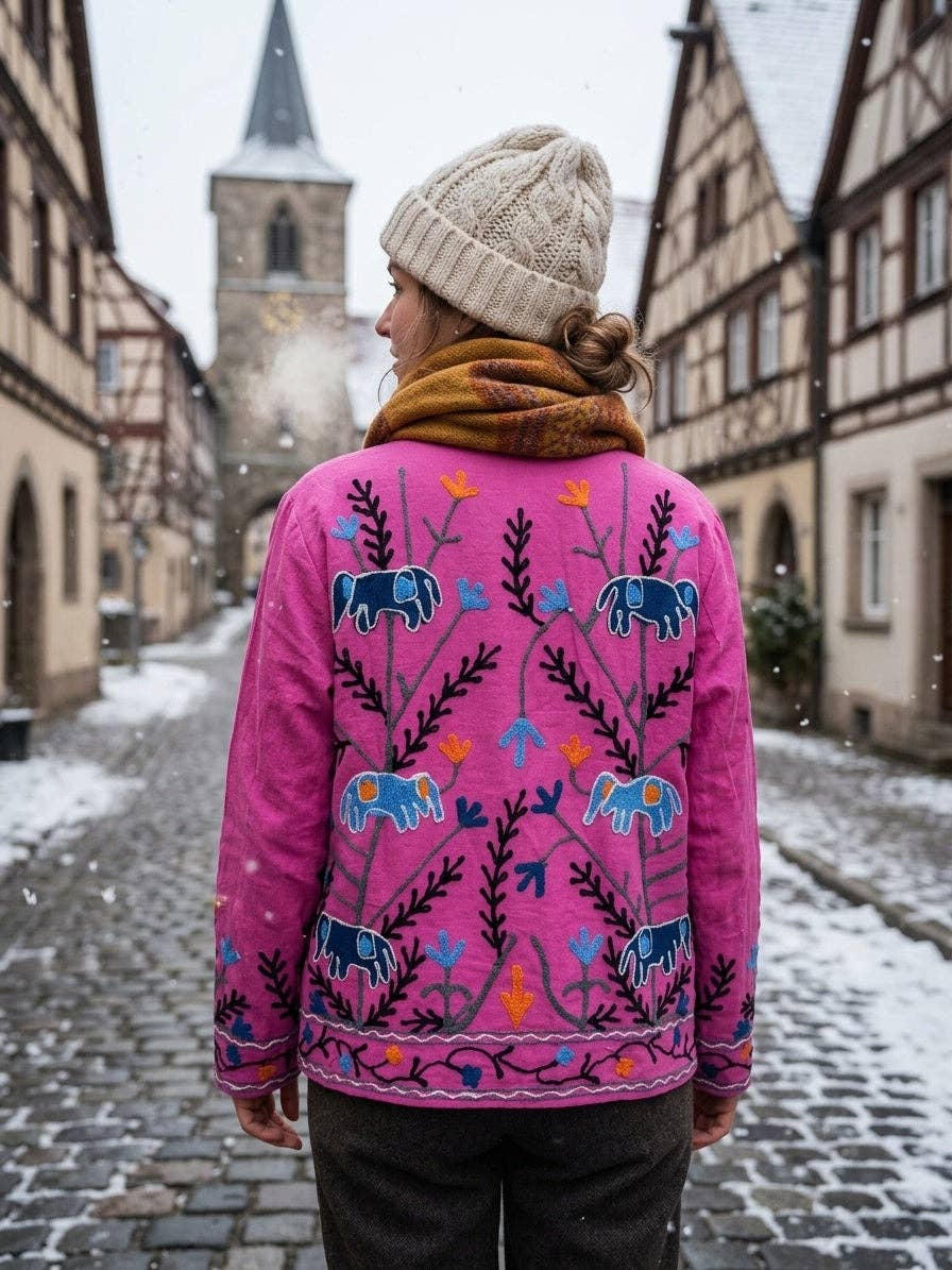 Villem The Fuchsia Elephant Trail — Suzani Hand-Embroidered Cotton Jacket — Magenta Pink with Indigo Blue & Marigold Orange Zoshak