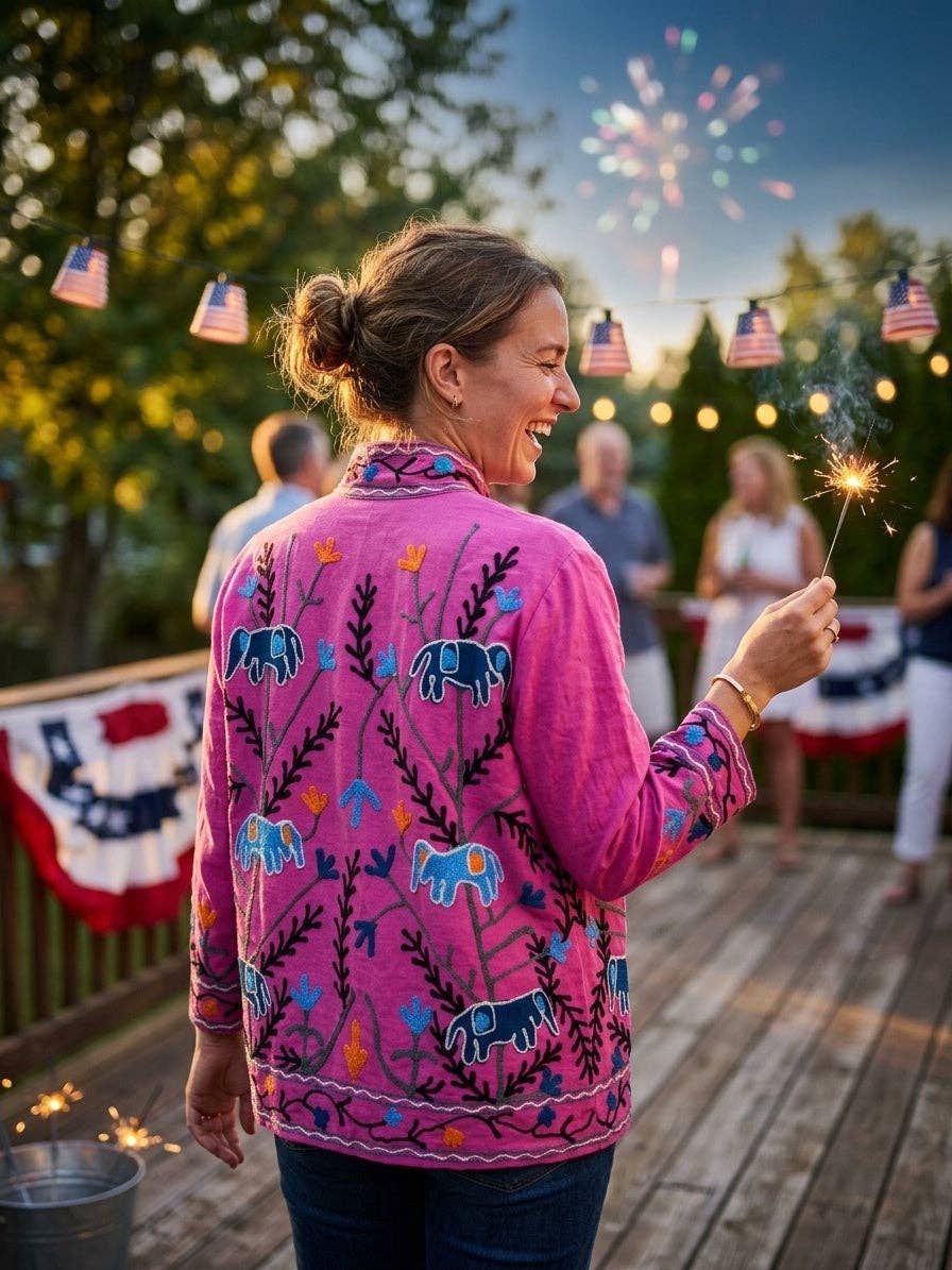 Villem The Fuchsia Elephant Trail — Suzani Hand-Embroidered Cotton Jacket — Magenta Pink with Indigo Blue & Marigold Orange Zoshak