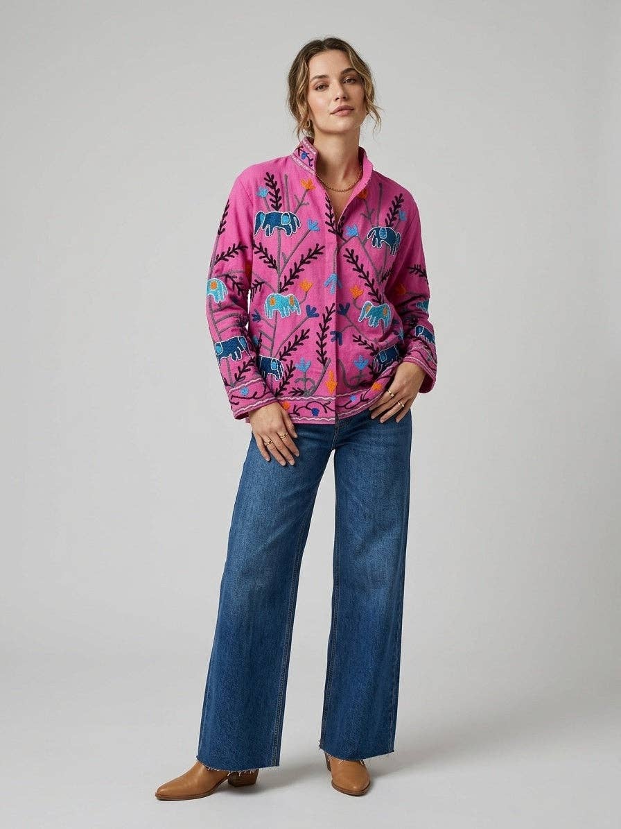 Villem The Fuchsia Elephant Trail — Suzani Hand-Embroidered Cotton Jacket — Magenta Pink with Indigo Blue & Marigold Orange Zoshak