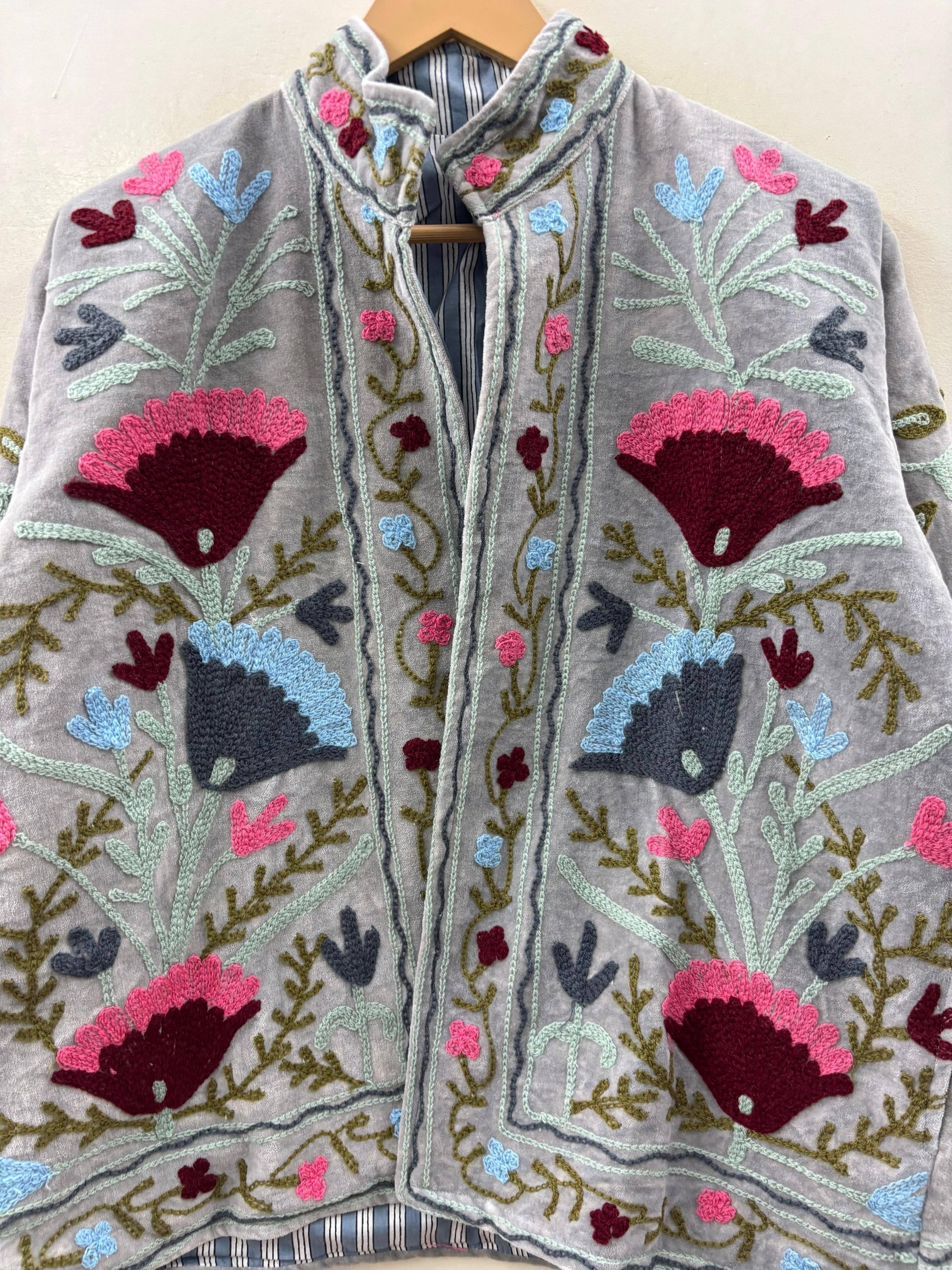 Villem The Gulbadan Silver — Hand Suzani Embroidered Velvet Jacket — Grey-Silver Base Zoshak