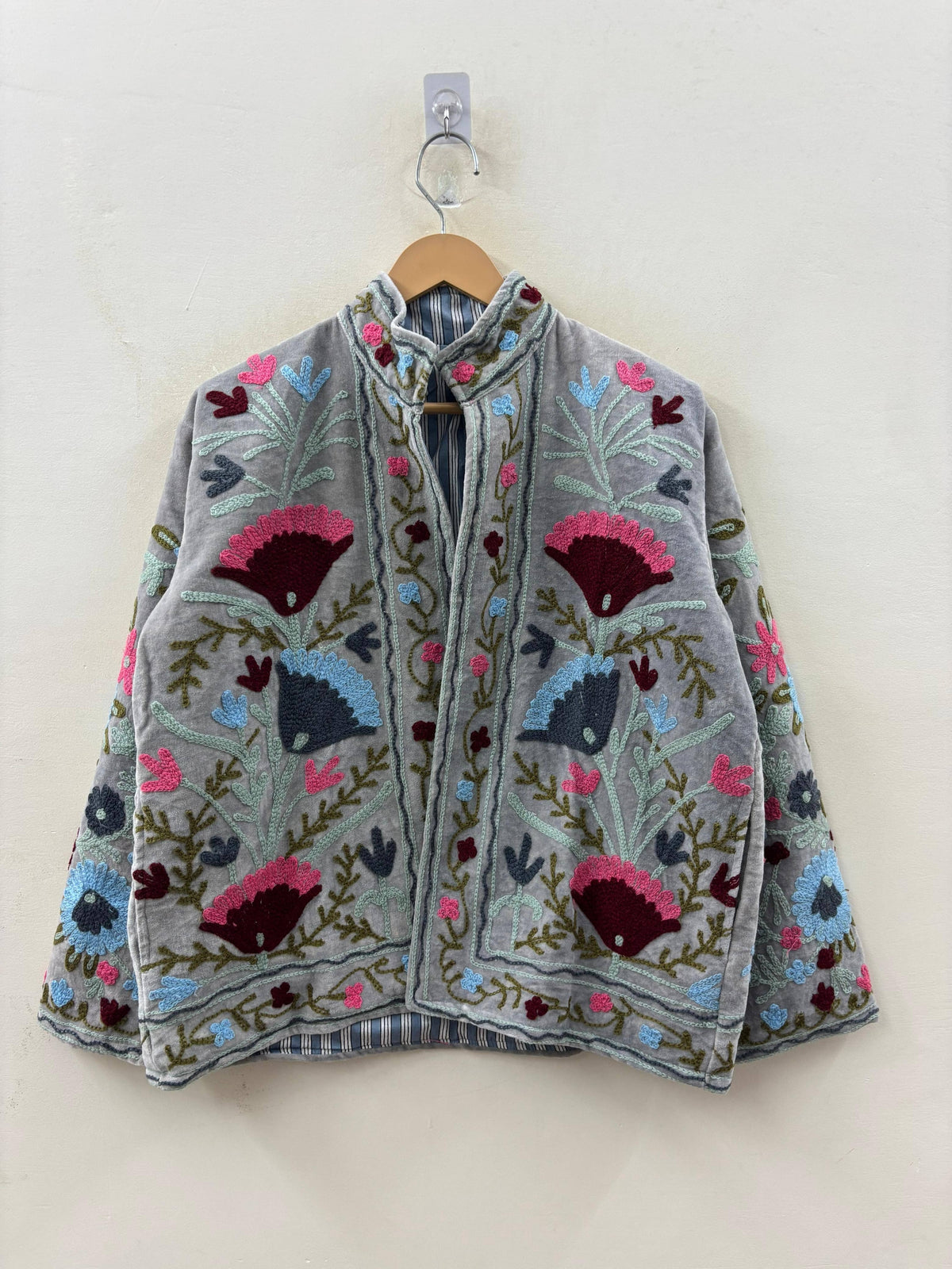 Villem The Gulbadan Silver — Hand Suzani Embroidered Velvet Jacket — Grey-Silver Base Zoshak