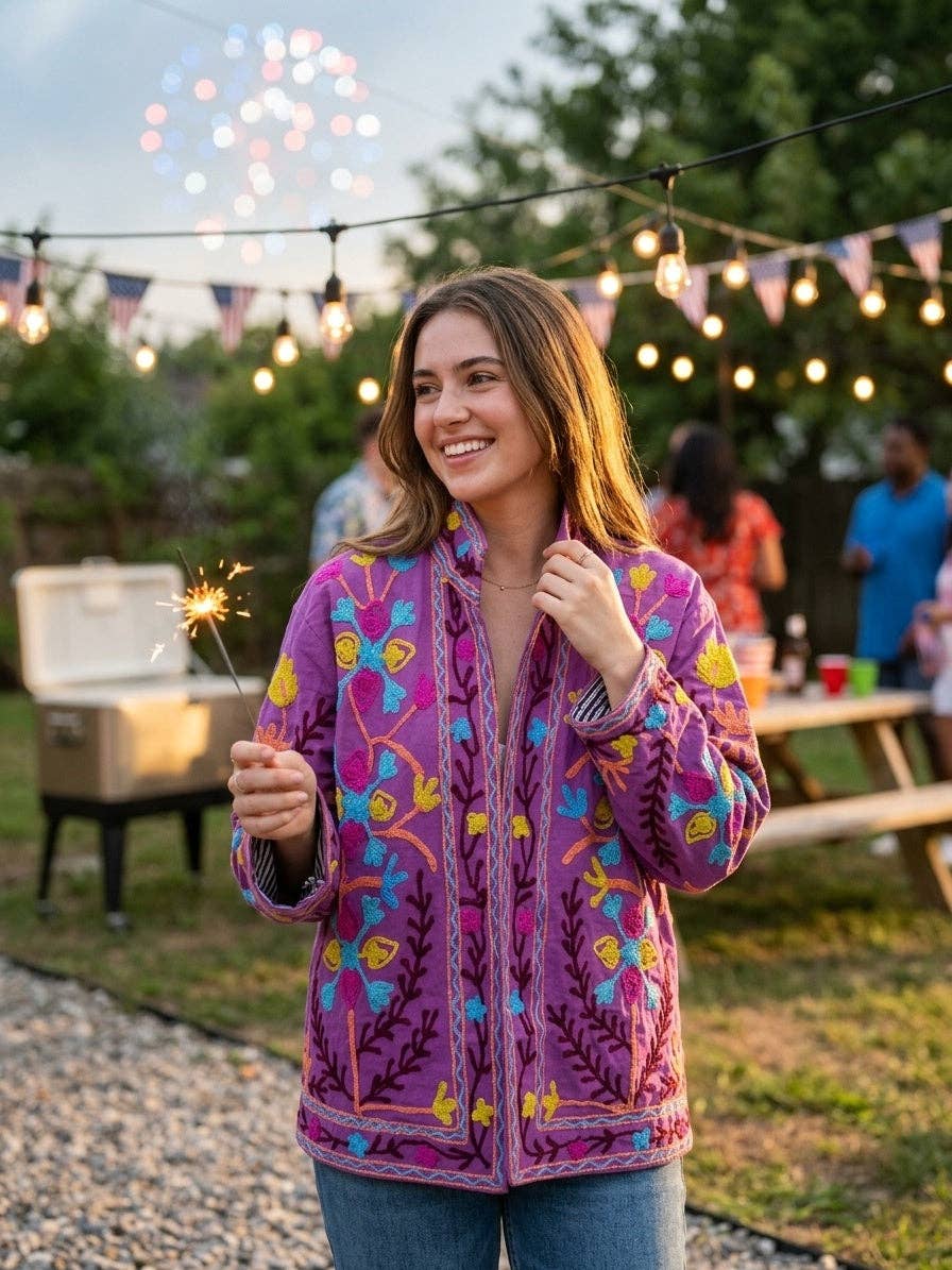 Villem The Samarkand Bloom — Suzani Hand-Embroidered Cotton Jacket — Magenta Orchid Zoshak