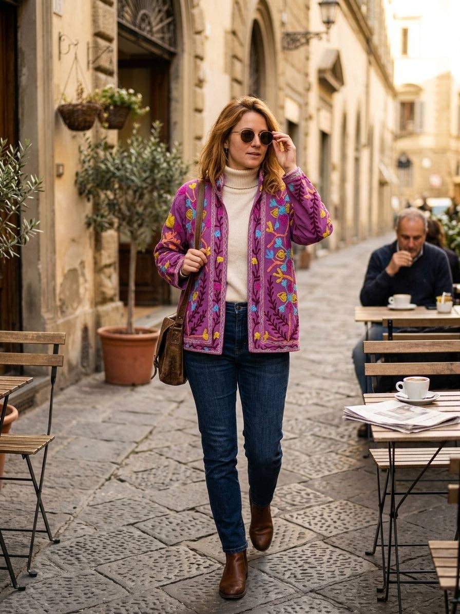 Villem The Samarkand Bloom — Suzani Hand-Embroidered Cotton Jacket — Magenta Orchid Zoshak