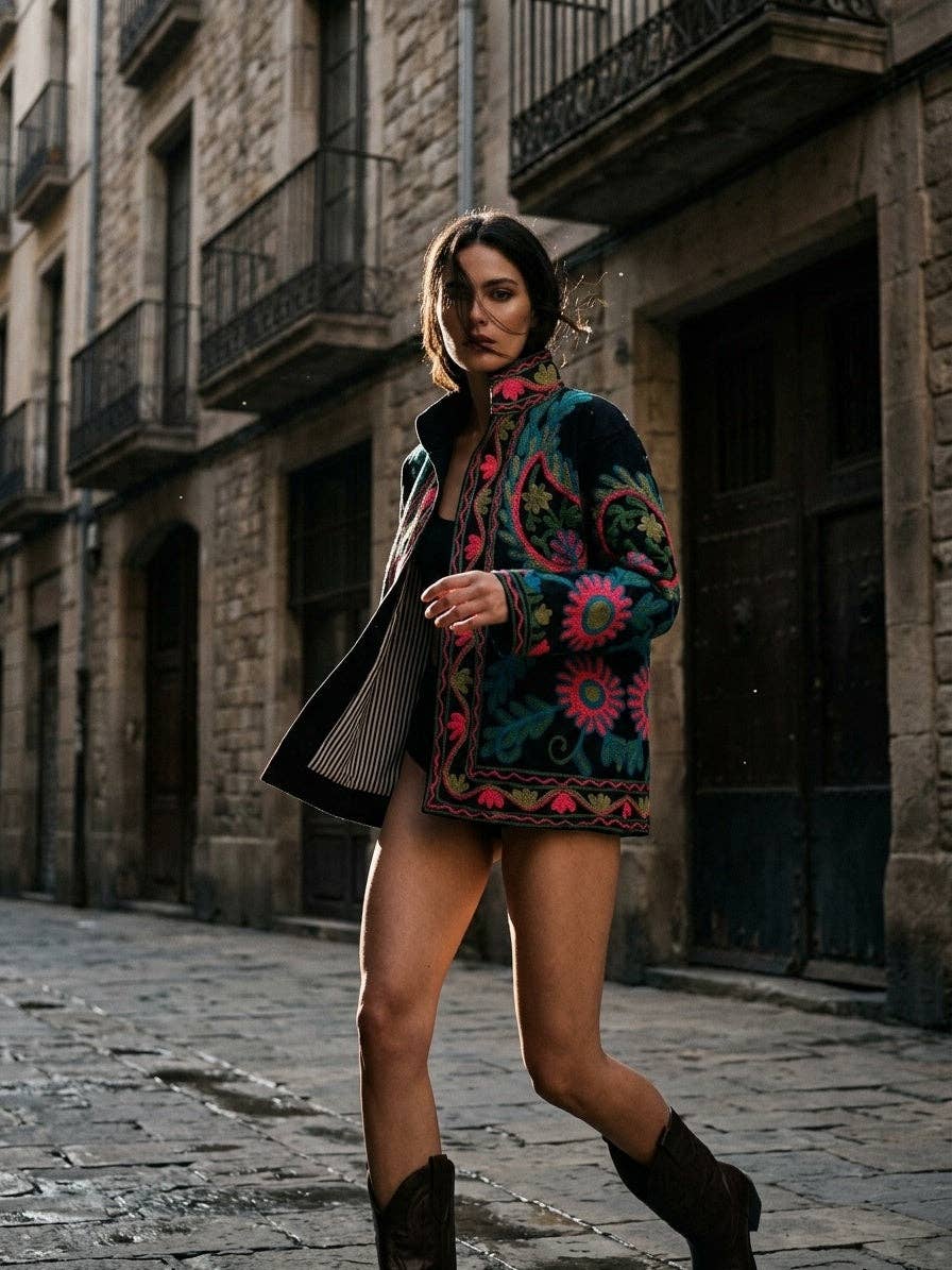 Villem The Samarkand Bloom — Suzani Hand-Embroidered Cotton Jacket — Midnight Black with Teal, Fuchsia & Olive Zoshak