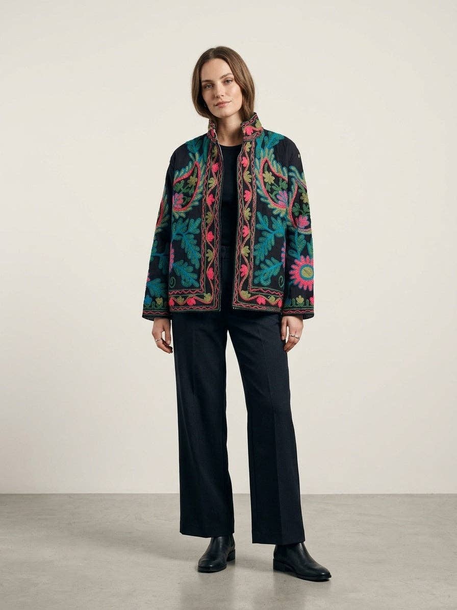 Villem The Samarkand Bloom — Suzani Hand-Embroidered Cotton Jacket — Midnight Black with Teal, Fuchsia & Olive Zoshak