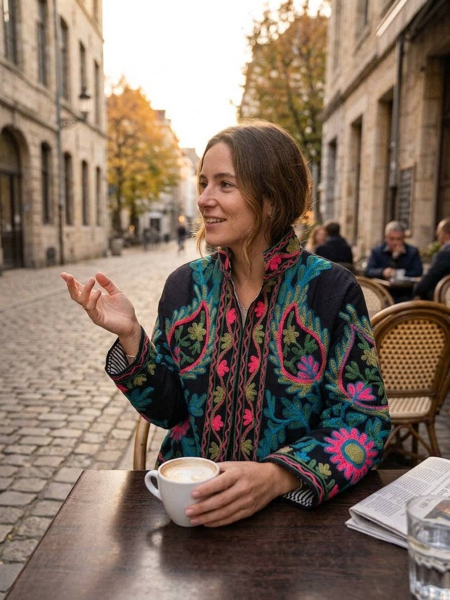 Villem The Samarkand Bloom — Suzani Hand-Embroidered Cotton Jacket — Midnight Black with Teal, Fuchsia & Olive Zoshak