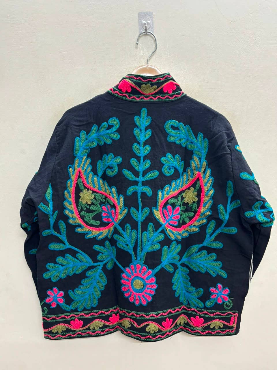 Villem The Samarkand Bloom — Suzani Hand-Embroidered Cotton Jacket — Midnight Black with Teal, Fuchsia & Olive Zoshak