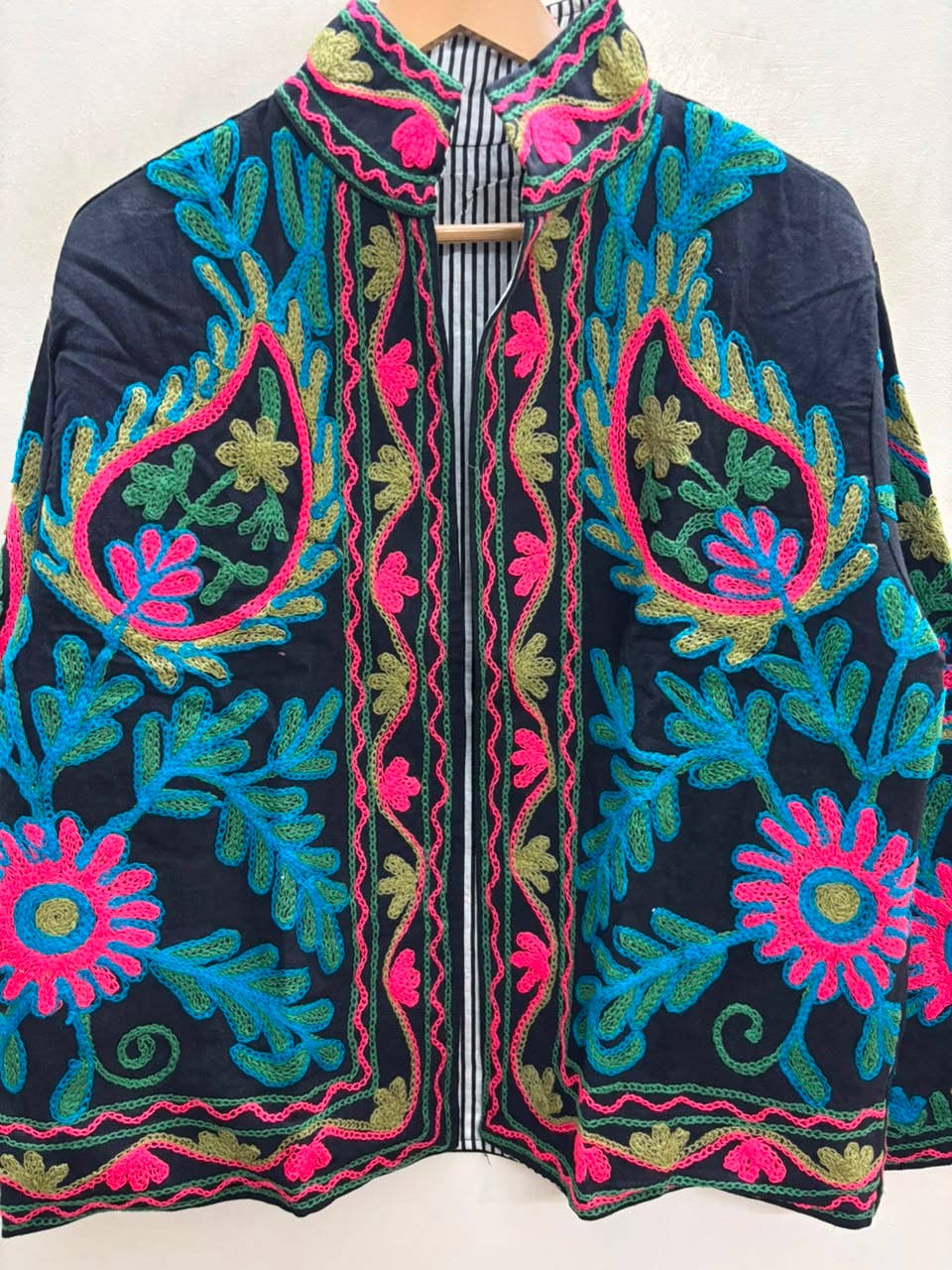 Villem The Samarkand Bloom — Suzani Hand-Embroidered Cotton Jacket — Midnight Black with Teal, Fuchsia & Olive Zoshak
