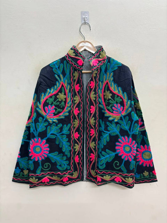 Villem The Samarkand Bloom — Suzani Hand-Embroidered Cotton Jacket — Midnight Black with Teal, Fuchsia & Olive Zoshak