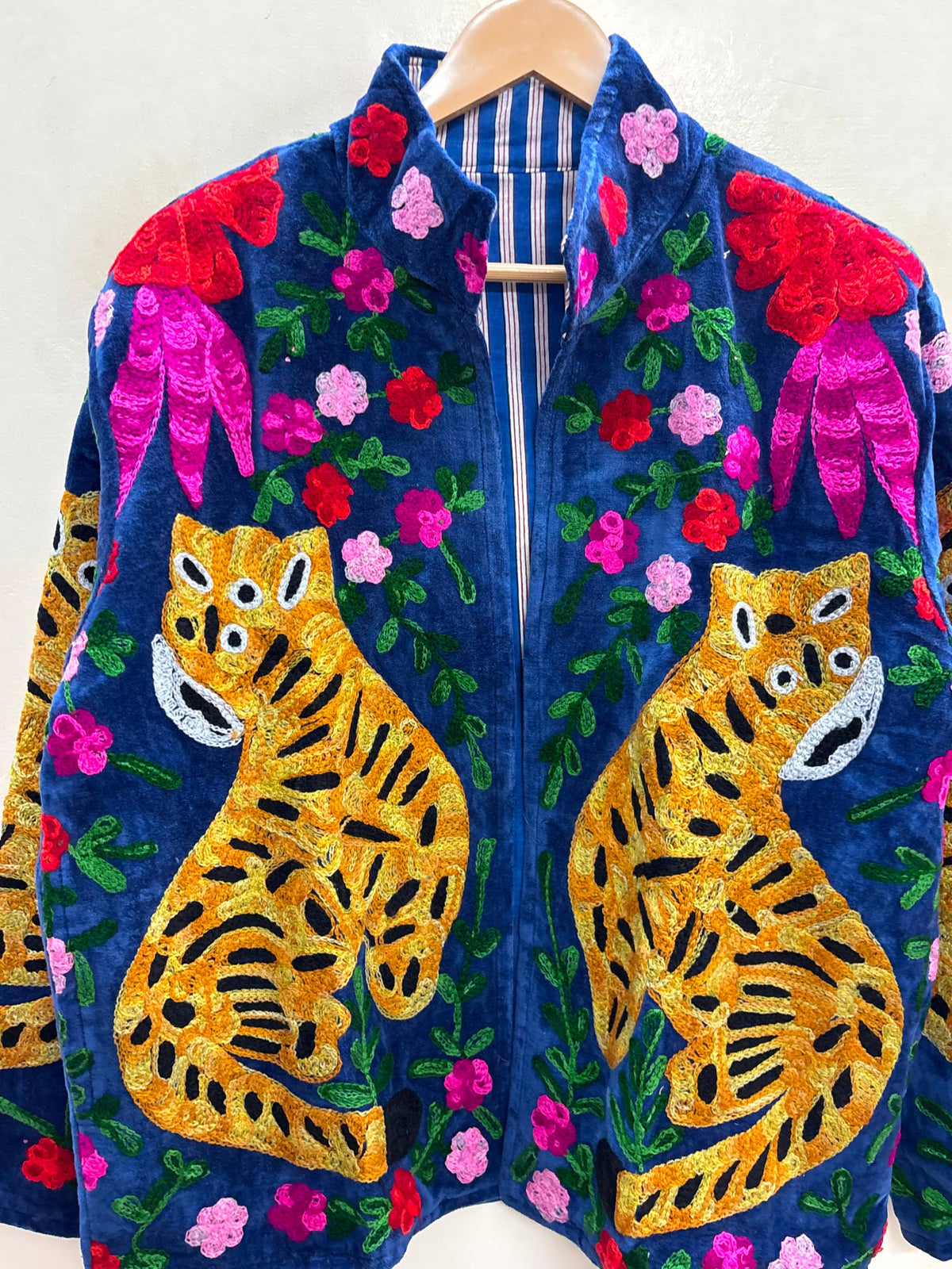 Villem The Tiger's Garden — Suzani Embroidered Velvet Jacket — Indigo Blue with Marigold Tigers Zoshak