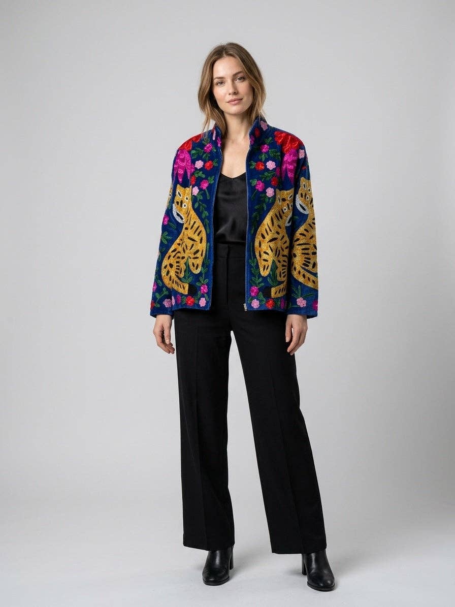 Villem The Tiger's Garden — Suzani Embroidered Velvet Jacket — Indigo Blue with Marigold Tigers Zoshak