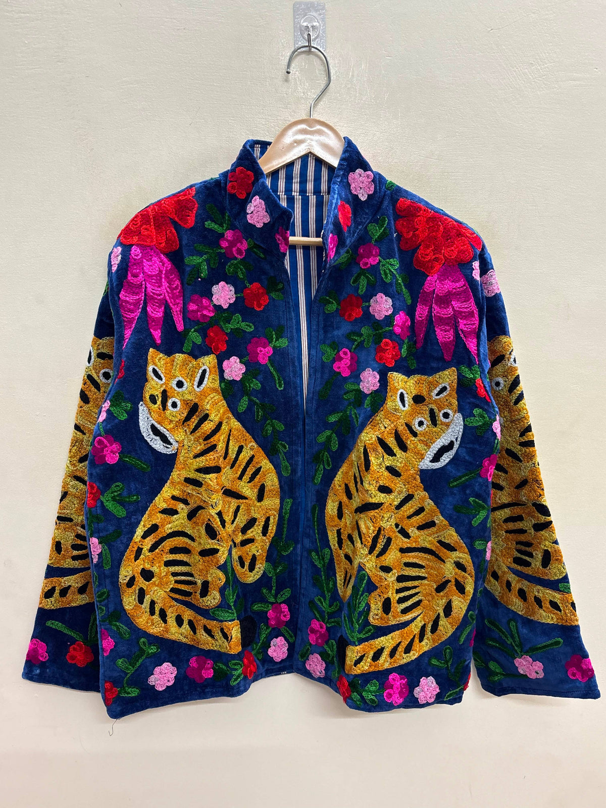 Villem The Tiger's Garden — Suzani Embroidered Velvet Jacket — Indigo Blue with Marigold Tigers Zoshak