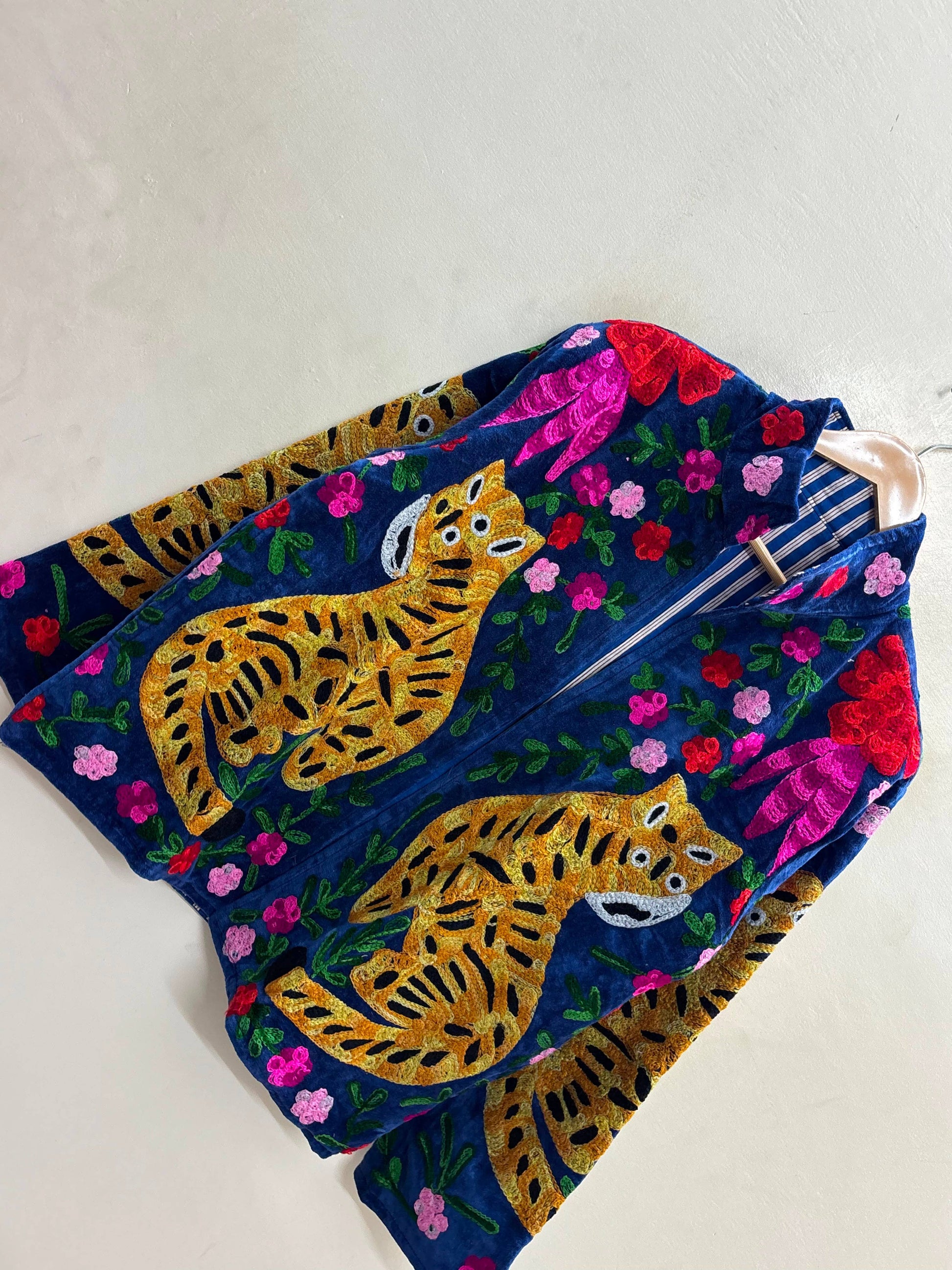 Villem The Tiger's Garden — Suzani Embroidered Velvet Jacket — Indigo Blue with Marigold Tigers Zoshak